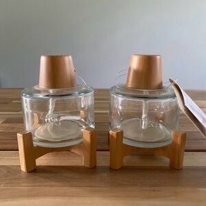 Clear Glass Oil Lamp Set with Natural Bamboo Tops and Stands